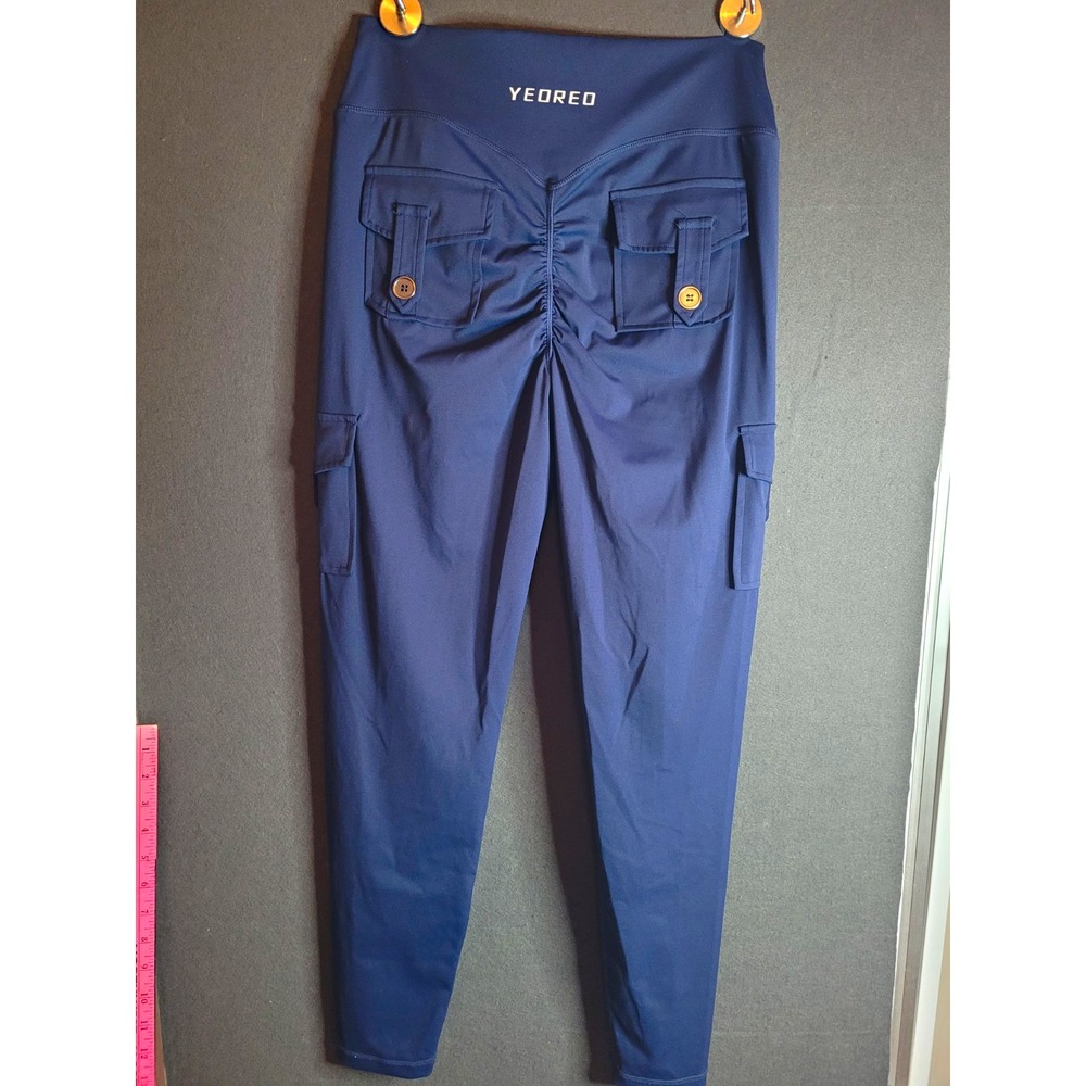 YEOREO Womens Blue Solid Cargo Leggings High Rise XXL Stretch Pockets 2XL